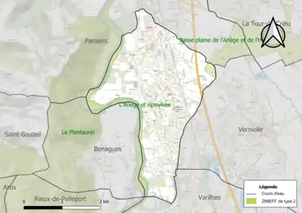 Carte des ZNIEFF de type 2 sur la commune.