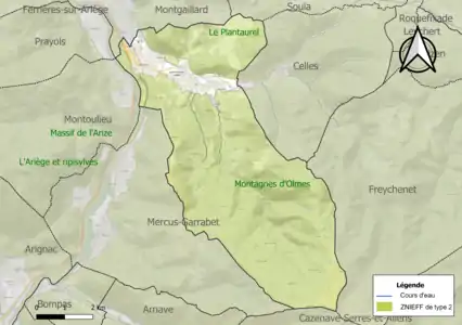 Carte des ZNIEFF de type 2 sur la commune.