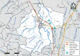 Carte en couleur présentant le réseau hydrographique de la commune