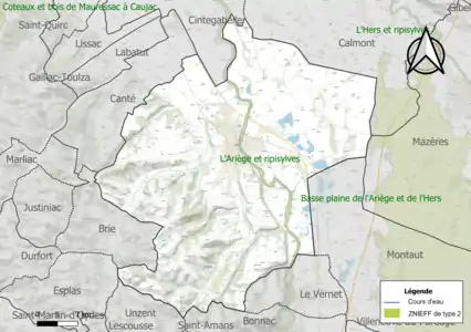 Carte de la ZNIEFF de type 2 sur la commune.