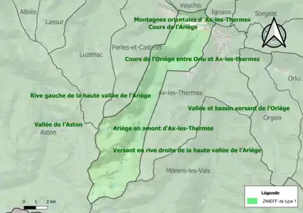 Carte des ZNIEFF de type 1 sur la commune.