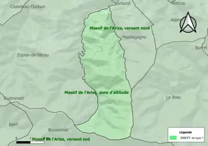 Carte des ZNIEFF de type 1 sur la commune.