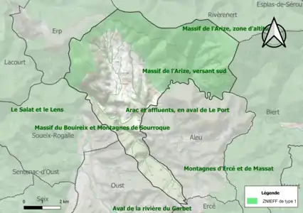 Carte des ZNIEFF de type 1 sur la commune.