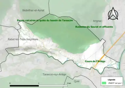 Carte des ZNIEFF de type 1 sur la commune.