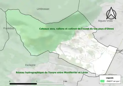 Carte de la ZNIEFF de type 1 sur la commune.