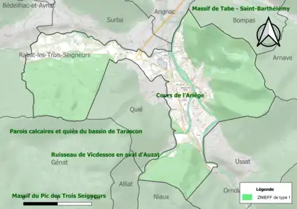 Carte des ZNIEFF de type 1 sur la commune.