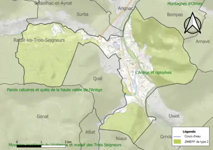 Carte des ZNIEFF de type 2 sur la commune.