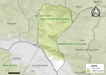 Carte des ZNIEFF de type 2 sur la commune.