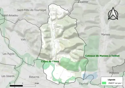 Carte des ZNIEFF de type 1 sur la commune.