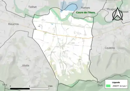 Carte des ZNIEFF de type 1 sur la commune.