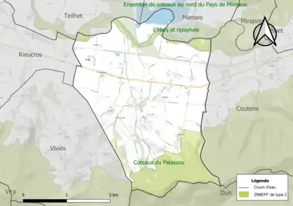 Carte des ZNIEFF de type 2 sur la commune.