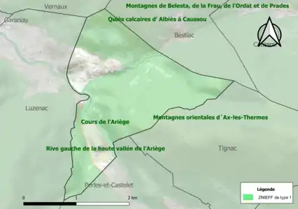 Carte des ZNIEFF de type 1 sur la commune.