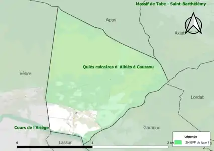 Carte des ZNIEFF de type 1 sur la commune.