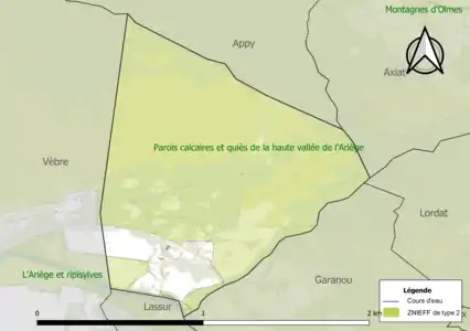 Carte des ZNIEFF de type 2 sur la commune.