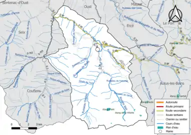 Carte en couleur présentant le réseau hydrographique de la commune