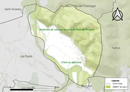 Carte des ZNIEFF de type 2 sur la commune.