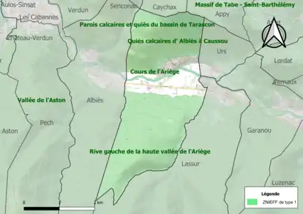 Carte des ZNIEFF de type 1 sur la commune.