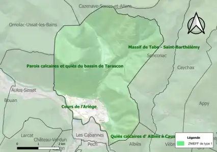 Carte des ZNIEFF de type 1 sur la commune.