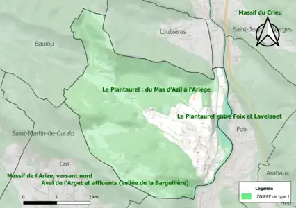 Carte des ZNIEFF de type 1 sur la commune.