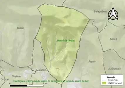 Carte de la ZNIEFF de type 2 sur la commune.