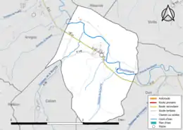 Carte en couleur présentant le réseau hydrographique de la commune