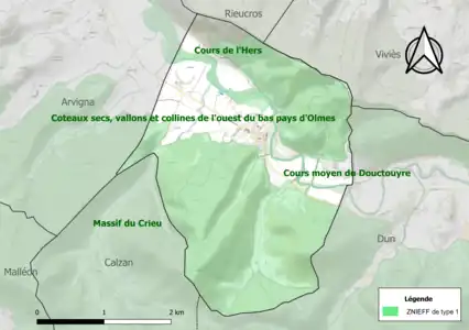 Carte des ZNIEFF de type 1 sur la commune.