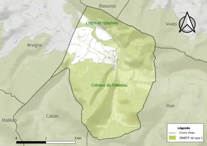 Carte des ZNIEFF de type 2 sur la commune.