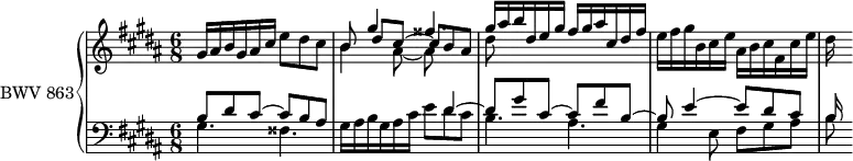 
\version "2.18.2"
\header {
  tagline = ##f
}
Thema = { gis16 ais b gis ais cis e8 dis cis }
upper = \relative c''
{
    \clef treble 
    \key gis \minor
    \time 6/8
    \tempo 8 = 96
    \set Staff.midiInstrument = #"harpsichord" 
   %% PRÉLUDE CBT I-18, BWV 863, sol-dièse mineur
    \Thema << { b8 gis'4 fisis4. gis16 ais b dis, e gis fis gis ais cis, dis fis } \\ { b,4 ais8~ ais8 } \\ { s8 dis8[ cis8~] cis8 b ais \stemDown dis } >>
    e16fis gis b, cis e ais, b cis fis, cis' e dis
}
lower = \relative c'
{
    \clef bass 
    \key gis \minor
    \time 6/8
    \set Staff.midiInstrument = #"harpsichord" 
    << { b8 dis cis~ cis b ais s8*4 dis4~ dis8 gis cis,~ cis fis b,~ b e4~ e8 dis cis b16 } \\ { gis4. fisis \Thema b4. ais gis4 e8 fis gis ais b } >>
} 
\score {
  \new PianoStaff <<
    \set PianoStaff.instrumentName = #"BWV 863"
    \new Staff = "upper" \upper
    \new Staff = "lower" \lower
  >>
  \layout {
    \context {
      \Score
      \remove "Metronome_mark_engraver"
      %\override SpacingSpanner.common-shortest-duration = #(ly:make-moment 1/2) 
    }
  }
  \midi { }
}
