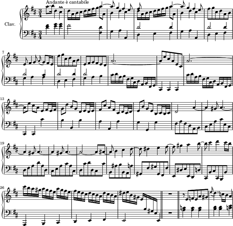 
\version "2.18.2"
\header {
  tagline = ##f
  % composer = "Domenico Scarlatti"
  % opus = "K. 478"
  % meter = "Andante è cantabile"
}
%% les petites notes
trillCis      = { \tag #'print { cis4\prall } \tag #'midi { d32 cis d cis~ cis8 } }
upper = \relative c'' {
  \clef treble 
  \key d \major
  \time 3/4
  \tempo 4 = 76
      s8*0^\markup{Andante è cantabile}
      a'8. b16 d,4 \trillCis | d16 a b cis d e fis g 
      << { a4~ | a8 g4 fis e8 | fis s4. a4~ | a8 g4 fis e8 } 
       \\ { a8 a, | b4 d cis | d16 a b cis d e fis g  a8 a, | b4 d cis } >>
      % ms. 6
      fis8 g cis, d a b | e,8 fis4 g8 \appoggiatura a16 g8 fis16 e | fis'8 g cis, d a b | e, fis g fis e d |
      % ms. 10
      a'2.~ | a8 e' cis a e cis | a'2.~ | a8 e' cis a e fis16 e32 fis |
      % ms. 14
      g8 d' b g d e16 d32 e | fis8 cis' a fis cis d16 cis32 d | e8 b' g e b cis16 b32 cis | d2 a'4~ | \repeat unfold 3 { a gis8 a4.~ } |
      % ms. 21
      a2~ a8 ais~ | ais b4 cis d8~ | d dis4 e fis8~ | fis gis4 a b8~ |
      % ms. 25
      b8 cis4 d cis16 b | cis b a gis \repeat unfold 2 { a gis fis e } | fis e d cis \repeat unfold 2 { d cis b a } | dis e b gis e  \stemUp  \change Staff = "lower"  b gis e \stemNeutral   \change Staff = "upper"   s4  \bar "||" R2.  \bar "||"
      % ms. 30
      % ms. 36
      r8 e'8 f e a gis | \appoggiatura e'16 d4. c16 b a4 |
}
lower = \relative c' {
  \clef bass
  \key d \major
  \time 3/4
    % ************************************** \appoggiatura a16  \repeat unfold 2 {  } \times 2/3 { }   \omit TupletNumber 
      < d fis >4 < e g > q | fis2 < fis, d' >4 | g a a, | << { d'2 d4 } \\ { d,4 e fis } >>
      % ms. 5
      g4 a a, | << { d'2 d4 | d2 cis4 | d2 d4 | d2 } \\ { d,4 e fis | g a a | d,4 e fis | g a b } >> 
      % ms. 10
      cis16 d a b fis g cis, d a b fis g | cis,4 cis cis | cis''16 d a b fis g cis, d a b fis g | cis,4 cis cis'' |
      % ms. 14
      b4 b, b' | a a, a' | g g, g' | fis8 a fis d a b | cis e a cis e, cis |
      % ms. 19
      d8 fis a d a d, | cis e a cis a cis, | d cis' d d, cis cis' | b, ais' b b, a a' | gis, fis' gis gis, fis fis' | e, dis' e e, d d' |
      % ms. 25
      cis, b' cis cis, b b' | a,4 b cis | d e fis | e2 e4 | R2. |
      % ms. 30
      < a' c >4 q q | < b d > q < c e >
      % ms. 36
}
thePianoStaff = \new PianoStaff <<
    \set PianoStaff.instrumentName = #"Clav."
    \new Staff = "upper" \upper
    \new Staff = "lower" \lower
  >>
\score {
  \keepWithTag #'print \thePianoStaff
  \layout {
      #(layout-set-staff-size 17)
    \context {
      \Score
     \override TupletBracket.bracket-visibility = ##f
     \override SpacingSpanner.common-shortest-duration = #(ly:make-moment 1/2)
      \remove "Metronome_mark_engraver"
    }
  }
}
\score {
  \keepWithTag #'midi \thePianoStaff
  \midi { \set Staff.midiInstrument = #"harpsichord" }
}
