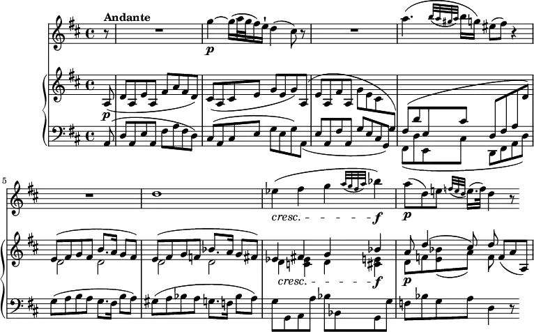 
\version "2.18.2"
\header {
  tagline = ##f
}
upper = \relative c'' {
               \key d \major
               \time 4/4
               \tempo 4 = 60
            \partial8 a,8\p (d a e' a, fis' a fis d)
            cis (a cis e g e g) a,
            ^ (e' a, fis' a, g' e cis \change Staff =lower g)
            \stemUp fis ^(d' e, cis' d, fis a  \change Staff =upper d)
             << {\stemDown d2 d d d d4 \cresc <c ees> d <cis e>\f d8\p f! <e bes'> _ (a) f} 
            \\ { \stemUp e8 ^ (fis g fis b8. a16 g8 fis) e ^(fis g f bes8. a16 g8 fis) ees4  fis! g bes a8 d4 ^ (cis8) d } >>   
             f, (a a,)
            }
lower =  \relative c' {
                \clef bass 
                \key d \major
                \time 4/4
          \partial8  a,8 (d a e' a, fis' a fis d)
          cis (a cis e g e g) a,
           _ (e' a, fis' a, g' e cis g)
          \stemDown  fis _ (d' e, cis' d, fis a  d)
          g ^ (a b a g8. fis16 b8 a)
          gis^ (a bes a g8. f16 bes8 a)
          g g, a a' bes bes, g g'
          f bes g a d,4 r8
             }
 vl = \relative c'' {
              \key d \major
              \time 4/4
          \partial8  r8  ^ \markup \bold {{"Andante"}}  R1
           g'4 \p ~ g16 (a32 g fis16) e16-! d4 (cis8) r R1
           a'4. (\grace {b32 _\(a gis a\) } b16 g!) eis8 (fis) r4 | R1 | d1
           ees4 \cresc (fis g \grace {a32 _\(g fis a\)}  bes4\f)
           a8\p (d,) e! \grace {f32 (e d} e16.) ([f32]) d4 r8
                 }
\score {
    \new GrandStaff <<
      \new PianoStaff <<  
        \new Staff = "upper" \upper
        \new Staff = "lower" \lower
       \set Staff.midiMinimumVolume = #0.2 \set Staff.midiMaximumVolume = #0.5
    >>
   \new Staff = "vl" \vl
    >>
    \layout {
    \context {
      \Score
      \remove "Metronome_mark_engraver"
    }
  }
  \midi { }
}
