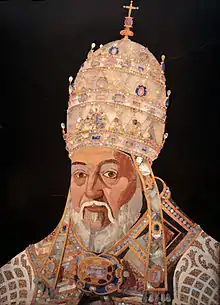 portrait d'un pape en aplats de mosaïque colorée sur fond noir