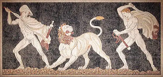 Alexandre et Cratère dans une scène de chasse au lion, musée archéologique de Pella.