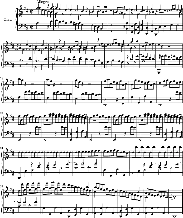 
\version "2.18.2"
\header {
  tagline = ##f
  % composer = "Domenico Scarlatti"
  % opus = "K. 497"
  % meter = "Allegro"
}
%% les petites notes
trillBp     = { \tag #'print { b4.\prall } \tag #'midi { \times 2/3 { cis16 b cis } b4 } }
trillD      = { \tag #'print { d4\prall } \tag #'midi { \times 2/3 { e16 d e } d8 } }
trillCisE   = { \tag #'print { < cis e  >4\prall } \tag #'midi { << { \times 2/3 { fis16 e fis } e8 } \\ { cis4 } >> } }
appoCisdb   = { \tag #'print { \appoggiatura cis8 d1 } \tag #'midi { cis4 d2. } }
upper = \relative c'' {
  \clef treble 
  \key b \minor
  \time 2/2
  \tempo 2 = 86
  \repeat volta 2 {
      s8*0^\markup{Allegro}
      << { fis2 r4 fis4~ | fis e2 d4~ | d cis2 b4 } 
       \\ { fis'4 d8 cis b4 a | g2 fis | e d }  >> | \appoggiatura b'8 ais2 \trillBp ais16 b |
      % ms. 5
      cis4 ais8 gis 
      << { r4 d'4~ | d cis2 b4~ | b \shiftOn ais b2_~  \shiftOn \stemDown b2. a4_~ | a fis g2_~ | g4 e }
       \\ { \stemUp s4*7 e'2 d4 | cis d8 e d4 cis | dis2 e4 cis | b } 
       \\ { \stemDown fis2 | g fis | e fis } >>
      % ms. 10 suite
      << { d'4 a } \\ { fis2 } >> gis4 b 
      << { r4 cis4 | b cis8 d cis4 b } \\ { a2~ | a~ a4 gis } >> | a4 cis 
      << { r4 fis4 | e fis8 g fis4 e } \\ { d2~ | d d4 cis } >>
      % ms. 15
      << { d4 a'2 b4  } \\ { d,4 a b2 } >> cis4 \trillD e4 fis | e r4 r2 | b'8 g r4 r2 |
      % ms. 19
      a8 fis r4 r2 | g8 e r4 r2 | fis8 a cis, e d fis a, cis | b g' fis e d e a, cis |
      % ms. 23
      \repeat unfold 2 { d4 fis8 g e fis d e | fis a, fis' g e fis d e  | fis a, < fis' a > < g b > < e g > < fis a > < d fis > < e g > | < fis a > < e g > < d fis > < e g > < d fis >4 \trillCisE }
      % ms. 31
      \repeat unfold 17 { d8 } e8 e e e fis fis fis | fis e fis g fis d e cis |
      % ms. 35
      \repeat unfold 8 {d d' } d, \repeat unfold 2 { e' e, } \repeat unfold 2 { fis' fis, } fis' g, g' fis, fis' e, e' |
      % ms. 39
      d8 cis b a 
      << { s4 b4 | a8 g fis e } \\ { g fis e d | cis4 } >>  | fis8 d e cis | d cis b a 
      << { s4 b4 | a8 g fis e } \\ { g fis e d | cis4 } >>  | fis8 d e cis | \appoCisdb }%repet
}
lower = \relative c' {
  \clef bass
  \key b \minor
  \time 2/2
  \repeat volta 2 {
    % ************************************** \appoggiatura a16  \repeat unfold 2 {  } \times 2/3 { }   \omit TupletNumber 
      b2 r4 d4 | e cis d b | cis ais b g | fis e d b |
      % ms. 5
      < fis fis' >2 r4 < b b' >4 < e, e' > < a a' > < d, d' > < g g' > | < cis, cis' > < fis fis' > < b, b' > d' | e g fis2 |
      << { b2. e4 } \\ { b,2 e } >>
      % ms. 10
      << { a2. d4~ | d b cis a } \\ { a,2 d | e2 } >> d'4 fis e d | cis a b fis | g b a g |
      % ms. 15
      << { r4 d'2 g4~ | g fis e d } \\ { fis,2 g | a1 } >> | a,,4 gis'''8 a fis g e fis | g,4 fis'8 g e fis d e |
      % ms. 19
      fis,4 e'8 fis d e cis d | e,4 d'8 e cis d b cis | < d,, d' >2 r4  < fis fis' > | g'4 g, a' a, |
      % ms. 23
      \repeat unfold 2 { \repeat unfold 3 { d,2 r4 fis''8 e } | < d,, d' >4 < g g' > a' a, } |
      % ms. 31
      < d, d' >4 fis'4 << { r4 e'4~ | e fis2 g4~ | g a2 a4 } \\ { g,2 | a b | cis d } >> | g,4 g, a' a, 
      % ms. 35
      d4 fis << { r4 e'4~ | e fis2 g4~ | g a2 a4 } \\ { g,2 | a b | cis d } >> | g,4 g, a' a, 
      % ms. 39
      \repeat unfold 2 { < d, d' >4 < fis fis' > g' g, | < a a' > < g g' > a' a, } | d,1 }%repet
}
thePianoStaff = \new PianoStaff <<
    \set PianoStaff.instrumentName = #"Clav."
    \new Staff = "upper" \upper
    \new Staff = "lower" \lower
  >>
\score {
  \keepWithTag #'print \thePianoStaff
  \layout {
      #(layout-set-staff-size 17)
    \context {
      \Score
     \override TupletBracket.bracket-visibility = ##f
     \override SpacingSpanner.common-shortest-duration = #(ly:make-moment 1/2)
      \remove "Metronome_mark_engraver"
    }
  }
}
\score {
  \unfoldRepeats 
  \keepWithTag #'midi \thePianoStaff
  \midi { \set Staff.midiInstrument = #"harpsichord" }
}
