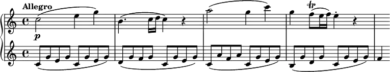 
\new PianoStaff <<
  \new Staff = "right" \with {
    midiInstrument = "acoustic grand"
  } \relative c'' {
    \tempo "Allegro"
    c2\p( e4 g) \noBreak
    b,4.( c16 d c4) r \noBreak
    a'2( g4 c) \noBreak
    g f8\trill( e16 f) e4-. r \noBreak
    s4
  }
  \new Staff = "left" \with {
    midiInstrument = "acoustic grand"
  } \relative c' {
    c8( g' e g c, g' e g)
    d( g f g c, g' e g)
    c,( a' f a c, g' e g)
    b,( g' d g c, g' e g)
    f4
  }
>>
\midi {
  \context {
    \Score
    tempoWholesPerMinute = #(ly:make-moment 120 4)
  }
}
