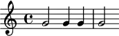 
\version "2.18.2"
\header {
  tagline = ##f
}
\score {
  \new Staff \with {
  }
<<
  \relative c'' {
    \key c \major
    \time 4/4
     g2 g4 g g2 
  }
>>
  \layout {
     \context { 
       \Score \remove "Metronome_mark_engraver" 
     }
  }
  \midi { \tempo 4 = 116}
}
