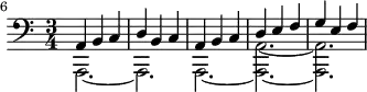 
\version "2.18.2"
\header {
  tagline = ##f
}
\score {
  \new Staff \with {
  }
<<
  \relative c {
    \clef bass
    \key a \minor
    \time 3/4
    \set Score.currentBarNumber = #6
    \override TupletBracket #'bracket-visibility = ##f 
    \bar ""
     %%% Prélude thème 2
     << { a4 b c d b c a b c d e f g e f } \\ { a,,2.~ a2. a2.~ < a a' >~ < a a' > } >>
  }
>>
  \layout {
     \context { \Score 
     \override SpacingSpanner.common-shortest-duration = #(ly:make-moment 1/3)
     \remove "Metronome_mark_engraver" }
  }
  \midi { \tempo 4 = 120 }
}
