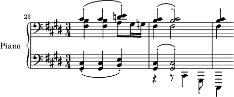 
\version "2.18.2"
\header {
  tagline = ##f
}
upper = \relative c {
  \clef treble 
  \key cis \minor
  \time 2/4
  \tempo 4 = 56
  \tempo ""
  \set Score.currentBarNumber = #23
  \set Staff.midiInstrument = #"acoustic grand"
   \bar ""
   \clef bass
   << { cis'4-.\( cis-. < d e >4-.\) < cis b >4-.\( q2--\) q4-. } \\ { < fis, b >4 q a8 gis16 g fis4 fis2 fis4 } >>
}
lower = \relative c {
  \clef bass
  \key cis \minor
  \time 3/4
  \set Staff.midiInstrument = #"acoustic grand"
  < gis cis >4-.\( q < b e >-.\) 
  << { < gis cis >-.\( < gis cis >2-.\) } \\ { r4 r8 cis,4-. gis8-. cis,4 } >>
} 
\score {
  \new PianoStaff <<
    \set PianoStaff.instrumentName = #"Piano"
    \new Staff = "upper" \upper
    \new Staff = "lower" \lower
  >>
  \layout {
    \context {
      \Score
      %\override SpacingSpanner.common-shortest-duration = #(ly:make-moment 1/3)
      \remove "Metronome_mark_engraver"
    }
  }
  \midi { }
}
