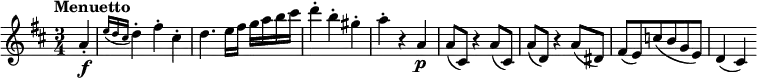 
\version "2.18.2"
\relative c'' {
  \key d \major
  \time 3/4
  \tempo "Menuetto "
  \tempo 4 = 140
  \partial 4 a4-. \f 
  \grace {e'16 (d cis} d4-.) fis)-. cis-.
  d4. e16 fis g a b cis
  d4-. b-. gis-.
  a-. r a, \p
  a8 (cis,) r4 a'8 (cis,)
  a' (d,) r4 a'8 (dis,)
  fis (e) c' (b g e)
  d4 (cis)
}
