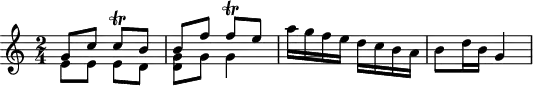 
\header {
  tagline = ##f
}
\score {
  \new Staff \with {
  }
<<
  \relative c'' {
    \key c \major
    \time 2/4
    \override TupletBracket #'bracket-visibility = ##f 
    %\autoBeamOff
     %%%%%%%%%%%%%%%%%%%%%%%%%% K15b/ K. Anh. 109b n° 2
     << { g8 c c\trill b b f' f\trill e } \\ { e,8 e e d < g d >8 g g4 } >>
     a'16 g f e d c b a b8 d16 b g4
  }
>>
  \layout {
    \context {
      \remove "Metronome_mark_engraver"
    }
  }
  \midi {}
}
