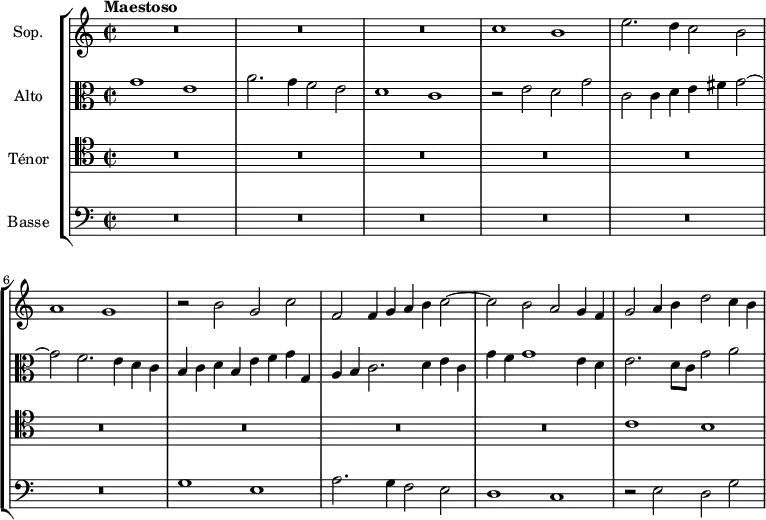  
\version "2.18.2"
\header {
  tagline = ##f
}
global= {
  \time 2/1
  \set Staff.timeSignatureFraction = 2/2
  \key c \major
  \tempo "Maestoso"
  \tempo 2 = 68
}
Soprano = \new Voice \relative c'' {
  \set Staff.instrumentName = #"Sop."
  \set Staff.midiInstrument = #"orchestral harp"
    R1*6 c1 b e2. d4 c2 b a1 g r2 b2 g c | f,2 f4 g a b c2~ c b a g4 f | g2 a4 b d2 c4 b
    %\addlyrics {    } % impossible de mettre le texte pour l'instant...
}
Alto = \new Voice \relative c' {
  \set Staff.instrumentName = #"Alto"
  \clef alto
  \set Staff.midiInstrument = #"orchestral harp" %recorder"
  g'1 e a2. g4 f2 e d1 c r2 e2 d g c, c4 d e fis g2~ g f2. e4 d c | b4 c d b e f g g, a b c2. d4 e c g' f g1 e4 d | e2. d8 c g'2 a
}
Tenor = \new Voice \relative c' {
  \set Staff.instrumentName = #"Ténor"
  \clef tenor
  \set Staff.midiInstrument = #"orchestral harp"
  R1*18 c1 b 
}
Basse = \new Voice \relative c {
  \set Staff.instrumentName = #"Basse"
  \clef bass
  \set Staff.midiInstrument = #"orchestral harp"
  R1*12 g'1 e a2. g4 f2 e d1 c r2 e2 d g
}
\score {
  \new StaffGroup <<
    \new Staff << \global \Soprano >>
    \new Staff << \global \Alto >>
    \new Staff << \global \Tenor >>
    \new Staff << \global \Basse >>
  >>
  \layout {
    #(layout-set-staff-size 17)
    \context {
      \Score
      %\remove "Metronome_mark_engraver"
      \override SpacingSpanner.common-shortest-duration = #(ly:make-moment 1/2)
    }
  }
  \midi { }
}
