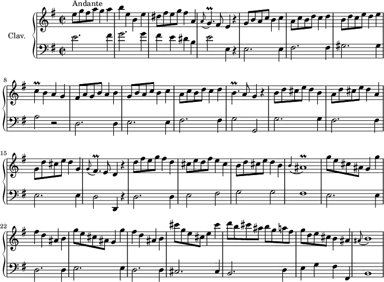 
\version "2.18.2"
\header {
  tagline = ##f
  % composer = "Domenico Scarlatti"
  % opus = "K. 291"
  % meter = "Andante"
}
%% les petites notes
trillBp      = { \tag #'print { b4.\prall } \tag #'midi { c32 b c b~ b4 } }
trillC       = { \tag #'print { c4\prall } \tag #'midi { d32 c d c~ c8 } }
trillGp      = { \tag #'print { g4.\prall } \tag #'midi { a32 g a g~ g4 } }
trillFisp    = { \tag #'print { fis4.\prall } \tag #'midi { g32 fis g fis~ fis4 } }
appoAisr     = { \tag #'print { \appoggiatura b4 ais1\prall } \tag #'midi { b2 b32 ais b ais~ ais8~ ais4 } }
appoBr       = { \tag #'print { \appoggiatura ais8 b1 } \tag #'midi { ais4 b2. } }
upper = \relative c'' {
  \clef treble 
  \key e \minor
  \time 2/2
  \tempo 2 = 82
  \set Staff.midiInstrument = #"harpsichord"
  \override TupletBracket.bracket-visibility = ##f
      s8*0^\markup{Andante}
      e8 g fis a g4 a | b e, b e | dis8 fis e g fis4 a, | \appoggiatura a8 \trillGp fis8 e4 r4 |
      % ms. 5
      g8 b a c b4 c | a8 c b d c4 d | b8 d c e d4 e | \trillC b4 a g | fis8 a g b a4 b |
      % ms. 10
      g8 b a c b4 c | a8 c b d c4 d | \trillBp a8 g4 r4 | b8 d cis e d4 b | a8 d cis e d4 a |
      % ms. 15
      g8 d' cis e d4 g, | \appoggiatura g8 \trillFisp e8 d4 r4 | d'8 fis e g fis4 d | cis8 e d fis e4 cis | b8 d cis e d4 b |
      % ms. 20
      \appoAisr | \repeat unfold 2 { g'8 e cis ais g4 g' | fis d ais b } |
      % ms. 25
      cis'8 g e cis e4 cis' | d8 b cis ais b g a fis | g d e cis b4 ais | \appoBr |
}
lower = \relative c' {
  \clef bass
  \key e \minor
  \time 2/2
  \set Staff.midiInstrument = #"harpsichord"
  \override TupletBracket.bracket-visibility = ##f
    % ************************************** \appoggiatura a16  \repeat unfold 2 {  } \times 2/3 { }   \omit TupletNumber 
      e2. fis4 | g2. g4 | fis e dis b | e2 e,4 r4 |
      % ms. 5
      e2. e4 | fis2. fis4 | gis2. gis4 | a2 r2 | d,2. d4 |
      % ms. 10
      e2. e4 | fis2. fis4 | g2 g, | g'2. g4 | fis2. fis4 |
      % ms. 15
      e2. e4 | d2 d,4 r4 | d'2. d4 | e2 fis | g g |
      % ms. 20
      fis1 | e2. e4 | d2. d4 | e2. e4 | d2. d4 |
      % ms. 25
      cis2. cis4 | b2. d4 | e g fis fis, | b1 |
}
thePianoStaff = \new PianoStaff <<
    \set PianoStaff.instrumentName = #"Clav."
    \new Staff = "upper" \upper
    \new Staff = "lower" \lower
  >>
\score {
  \keepWithTag #'print \thePianoStaff
  \layout {
      #(layout-set-staff-size 17)
    \context {
      \Score
     \override SpacingSpanner.common-shortest-duration = #(ly:make-moment 1/2)
      \remove "Metronome_mark_engraver"
    }
  }
}
\score {
  \keepWithTag #'midi \thePianoStaff
  \midi { }
}
