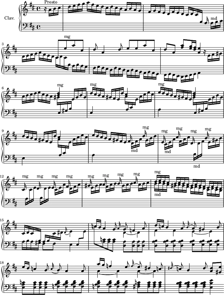 
\version "2.18.2"
\header { 
  tagline = ##f
}
%% les petites notes
trillBes = { \tag #'print { bes\trill } \tag #'midi { c32 bes c bes } }
% \repeat unfold 2 {}
upper = \relative c'' {
  \clef treble
  \key d \major
  \time 4/4
  \tempo 4 = 120
  \set Staff.midiInstrument = #"harpsichord"
    \partial 4
    s8*0^\markup{Presto}
    r16 a16 b cis | d e fis g a fis e d cis d cis b a b a g | fis g fis e d fis e d \stemUp cis d cis \change Staff = "lower" b | a \stemDown a^\markup{md}[ b cis]   |   \stemDown \change Staff = "upper" d e fis g a fis e d cis d cis \change Staff = "lower" b a b a g |
    % ms. 4
    fis16 g fis e d fis e d cis d cis b a  b a g | fis g fis e d e fis g a4   |   \change Staff = "upper" r16 e''16 fis gis a b cis d e cis b a gis \stemUp \change Staff = "lower"  e, gis b \change Staff = "upper" e gis b gis 
    % ms. 7
    \change Staff = "lower"  e,4 s4
    \stemDown  \change Staff = "upper" a'16  \stemUp \change Staff = "lower" a, cis \stemDown  \change Staff = "upper" e16 a cis e cis    |     \change Staff = "lower" a,4 s4 \stemDown  \change Staff = "upper" gis'16 \stemUp \change Staff = "lower" e,16 gis b  |   \stemDown  \change Staff = "upper" e16 gis b gis \change Staff = "lower" e,4 s4 \stemDown  \change Staff = "upper" a'16 \stemUp \change Staff = "lower" a, cis \stemDown  \change Staff = "upper" e16 a cis e cis   |   \change Staff = "lower" a,4  s4 
 \stemDown  \change Staff = "upper" s16 d16-\markup{md} fis a s16 gis16 b d
     % ms. 11
     s16 cis,16-\markup{md} e a  s16 fis16 a cis s16 \change Staff = "lower" b,16-\markup{md} \change Staff = "upper" d fis s16 e gis b | s16 \change Staff = "lower" a,16  \change Staff = "upper" cis e s16   \change Staff = "lower" b16 \change Staff = "upper" d e s16  cis e a  s16 d, fis a  |   s16 e gis a s16 fis a b s16 gis a b s16 a b cis | b-\markup{md} cis b a gis a gis fis e fis e d cis d cis b | \change Staff = "lower" a b a gis fis8 fis e4 s4 |
     % ms. 16
     \stemUp \change Staff = "upper" c''16 b a4 g8 << { \appoggiatura a32 g8 f4 a8 | \stemUp d16 c b4 a8 \appoggiatura b32 a8 gis4 b8 } \\ { d,4~ d | fis fis e~ e } >>
     % ms. 18
     e'16 d c4 b8 \appoggiatura c32 b8 a4 a8 | << { a'16 g f4 e8 \appoggiatura f32 e8 dis4 c8 | \appoggiatura dis32 c8 b4 dis8 < a dis >[ < gis e' >] } \\ { a4~ a a~ a } >> 
}
lower = \relative c' {
  \clef bass
  \key d \major
  \time 4/4
  \set Staff.midiInstrument = #"harpsichord"
    % *****************************
     s4 s1 s1 s2 \stemUp \change Staff = "upper" cis8 e'^\markup{mg} a cis,
     % ms. 4
     d8 a4 d8 e e a cis, | d a < fis' a >8 < e g >16 < d fis > < a e' >4 s4 | s2 < b d >4^\markup{mg} s4 d16^\markup{mg} cis b a gis fis e d' |
     % ms. 7
     cis4 s4 e16^\markup{mg} d cis b a gis fis e < b' d >4 s4 | d16 cis b a gis fis e d' cis4 s4 | e16 d cis b a gis fis e fis s16 s8 d'16^\markup{mg} s16 s8
     % ms. 11
     e,16^\markup{mg} s16 s8 cis'16^\markup{mg} s16 s8 d,16^\markup{mg} s16 s8 b'16^\markup{mg} s16 s8 | cis,16^\markup{mg} s16 s8 d16^\markup{mg} s16 s8 e16^\markup{mg} s16 s8 fis16^\markup{mg} s16 s8 gis16^\markup{mg} s16 s8 a16^\markup{mg} s16 s8  b16^\markup{mg} s16 s8 cis16^\markup{mg} s16 s8 | d16^\markup{mg} e d cis b cis b a |
     % ms. 14
     gis16 a gis fis e fis e d | cis d cis \change Staff = "lower" b a b \stemDown \change Staff = "upper" cis dis  \appoggiatura  dis16   \tempo 4 = 72 e4    \tempo 4 = 106 \stemUp \change Staff = "lower" e,8 \stemDown \change Staff = "upper" e' | c' \change Staff = "lower" < a, c >8-\tweak stencil ##f \p q q < d, a' > q q q | < d a' b > q q q < e a b > q q q |
     % ms. 18
     < e a c >8 q q q < f a b d > q q q | q q q q < fis a c > q q q | < fis a b cis > q q q < e b' e >4
}
thePianoStaff = \new PianoStaff <<
    \set PianoStaff.instrumentName = #"Clav."
    \new Staff = "upper" \upper
    \new Staff = "lower" \lower
  >>
\score {
  \keepWithTag #'print \thePianoStaff
  \layout {
      #(layout-set-staff-size 17)
    \context {
      \Score
     \override SpacingSpanner.common-shortest-duration = #(ly:make-moment 1/2)
      \remove "Metronome_mark_engraver"
    }
  }
}
\score {
  \keepWithTag #'midi \thePianoStaff
  \midi { }
}
