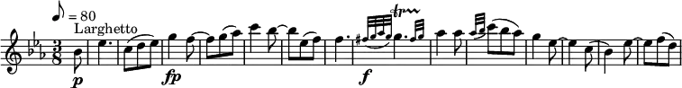 
\relative c'' {
  \version "2.18.2"
  \key ees \major
  \time 3/8
  \tempo 8 = 80
  \tempo "Largheto"
  \partial 8 bes8 \p^\markup {Larghetto} ees4. c8 (d ees)
  g4 \fp f8 ~ f g (aes) c4 bes8 ~ bes ees, (f)
  f4. \grace {fis32 \f (g aes g)} \afterGrace g4.\startTrillSpan { fis32 [ g] \stopTrillSpan }
  aes4 aes8 \grace {as32 (bes} c8) (bes aes) 
  g4 ees8 ~ ees4
  c8 (bes4) ees8  ~ ees f (d)
}
