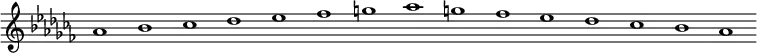 
\new Staff {
  \relative c'' {
    \key as \minor
    \override Staff.TimeSignature #'stencil = ##f
    \override Staff.BarLine #'stencil = ##f
     as1 bes ces des es fes g as g fes es des ces bes as
  }
}
\midi {
  \context {
    \Score
    tempoWholesPerMinute = #(ly:make-moment 120 1)
  }
}
