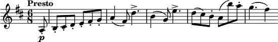 
\version "2.18.2"
\relative c'' {
  \key d \major
  \time 6/8
  \tempo "Presto "
  \tempo 4 = 160
  \partial 8  a,8-. \p 
  b-. cis-. d-.  e-. fis-. g-.
  a4 (fis8) d'4.->
  b4 (g8) e'4.->
  d8 (cis) b-. a (b') a-.
  g4. (fis4)
}
