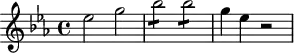 
\header {
  tagline = ##f
}
\score {
  \new Staff \with {
  }
<<
  \relative c'' {
    \key ees \major
    \time 4/4
    \override TupletBracket #'bracket-visibility = ##f 
    \autoBeamOff
     %%%%%%%%%%%%%%%%%%%%%%%%%% K16
     ees2 g bes2:8 bes2:8 g4 ees r2
  }
>>
  \layout {
    \context {
      \remove "Metronome_mark_engraver"
    }
  }
  \midi {}
}
