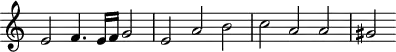 
\header {
  tagline = ##f
}
\score {
  \new Staff \with {
     \remove "Time_signature_engraver"
  }
<<
  \relative c' {
    \key c \major
    %\clef bass
    \time 3/2
    \override TupletBracket #'bracket-visibility = ##f 
     %%% f° 74v
     e2 f4. e16 f g2  e  a b c a a gis
  }
>>
  \layout {
     \context { \Score \remove "Metronome_mark_engraver" }
  }
  \midi {}
}
