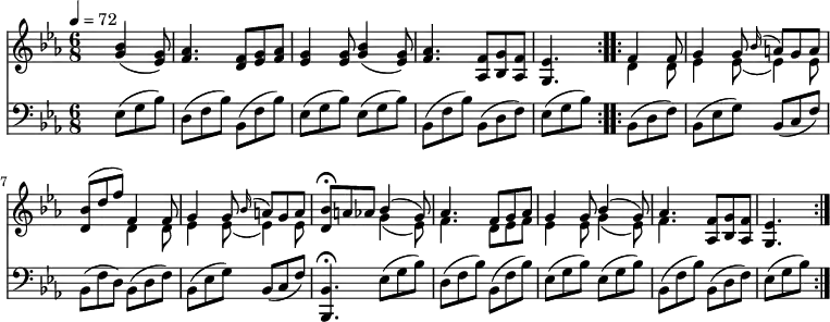 
<<
  \new Staff  \relative c'' {
         \version "2.12.2" 
         \clef "treble"          
         \key ees \major
         \time 6/8 
         \tempo 4 = 72                 
     \repeat volta 2 {
        s4. <g bes>4 (<ees g>8)
         <f aes>4. <d f>8 <ees g> <f aes>
         <ees g>4 <ees g>8  <g bes>4 (<ees g>8)
         <f aes>4. <aes, f'>8 <bes g'> <aes f'>
         <g ees'>4.
          }
  \repeat volta 2 { 
    <<{\stemDown d'4 d8 ees4 ees8 _(ees4) ees8 } \\ {\stemUp f4 f8 g4 g8 \grace bes16 ^(a8) g a}>>
        <d, bes'>8 ^(d' f) 
        <<{\stemDown d,4 d8 ees4 ees8 _(ees4) ees8 } \\ {\stemUp f4 f8 g4 g8 \grace bes16 ^(a8) g a }>>
        <d, bes'>8 \fermata a'aes
        <<{\stemDown g4 _(ees8) f4. d8 ees f ees4 ees8 g4 _(ees8) f4. }  \\ {\stemUp bes4 ^(g8) aes4. f8  g aes g4 g8 bes4 ^(g8) aes4. }>>
        <aes, f'>8 < bes g'> < aes f'> < g ees'>4.
       }
}
 \new Staff\relative c { 
        \clef "bass" 
        \key ees \major
        \time 6/8 
  \repeat volta 2 { 
     s4. ees8 (g bes)
     d, (f bes) bes, (f' bes)
    ees, (g bes) ees, (g bes)
    bes, (f' bes) bes, (d f)
    ees (g bes)
  } 
  \repeat volta 2 {
     bes, (d f) bes, (ees g) bes, (c f)
     bes, (f' d) bes (d f)
     bes, (ees g) bes, (c f)
     <bes,, bes'>4. \fermata  ees'8 (g bes)
     d, (f bes) bes, (f' bes)
     ees, (g bes) ees, (g bes)
     bes, (f' bes) bes, (d f)
     ees
     (g bes)
  }   
}
>>
