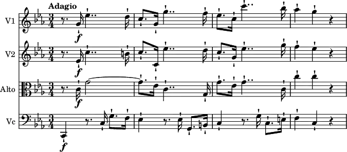 
<<
\new Staff \with { instrumentName = #"V1 "}  \relative c'' {
    \version "2.18.2"
    \key ees \major 
    \tempo "Adagio"
    \time 3/4
    \tempo 4 = 50
    r8.
    g16-!\f  ees'4..-! d16-! 
    c8.-! g16-!  g'4..-! f16-!
    ees8.-! c16-!  c'4..-! bes16-!
    aes4-! g-! r4
}
\new Staff \with { instrumentName = #"V2 "} \relative c'' {
    \key ees \major 
    \time 3/4
     r8.
    ees,16-! \f  c'4..-! b16-! 
    c8.-! c,16-!  ees'4..-! d16-!
    c8.-! g16-! ees'4..-! g16-!
    f4-! ees-! r4
}
\new Staff \with { instrumentName = #"Alto "} \relative c'' { 
    \clef "alto"
    \key ees \major
    \time 3/4
     r8.
     c,16-! \f  g'2~ g8.-! ees16-! c4..-! g16-!
     g'8.-! ees16-! g4..-! c,16-!
     c'4-! c-! r4
}
\new Staff \with { instrumentName = #"Vc "} \relative c {
    \clef "bass"
    \key ees \major
    \time 3/4
    c,4-! \f r8. c'16-!  g'8.-! f16-!
    ees4-! r8. ees16-! g,8.-! b16-!
    c4-! r8. g'16-! c,8.-! e16-!
    f4-! c-! r4
}
>>
