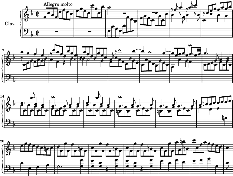 
\version "2.18.2"
\header {
  tagline = ##f
  % composer = "Domenico Scarlatti"
  % opus = "K. 469"
  % meter = "Allegro molto"
}
%% les petites notes
trillFqp      = { \tag #'print { f8.\prall } \tag #'midi { g32 f g f~ f16 } }
trillGp       = { \tag #'print { g4.\prall } \tag #'midi { a32 g a g~ g4 } }
upper = \relative c'' {
  \clef treble 
  \key f \major
  \time 2/2
  \tempo 2 = 92
  \set Staff.midiInstrument = #"harpsichord"
  \override TupletBracket.bracket-visibility = ##f
      s8*0^\markup{Allegro molto}
      f,8 c' a f d' f d bes | e g e c c' g c, bes' | a2 r2 |
      % ms. 4
      R1 | \stemUp r8 f8 a4 r8 a8 c4 | r8 c,8 e g f a g bes | a4 g f e |
      % ms. 8
      r8 c'8 a f d bes' g e | c a' f d bes g' e c | a r8 c'2 bes4^~ | bes a2 g4^~ |
      % ms. 12
      g8 e f g e4 \trillFqp e32 f | g4. g,8 a4 bes | c4. a'8 bes,4 a | \trillGp g8 a4 bes |
      % ms. 16
      c4. a'8 bes,4 a | \trillGp a8 \repeat unfold 2 { g4. a8 } g4. g8 | a b b c c d d \stemNeutral e | 
      % ms. 20
      e8 g f e d c b c | d g, g' g, f' g, b g | \repeat unfold 2 { c8 g g' g, f' g, b g }
      % ms. 24
      c8 g g' g, a' a, b' b, | c' c, f a g f e d | c4
}
lower = \relative c' {
  \clef bass
  \key f \major
  \time 2/2
  \set Staff.midiInstrument = #"harpsichord"
  \override TupletBracket.bracket-visibility = ##f
    % ************************************** \appoggiatura a16  \repeat unfold 2 {  } \times 2/3 { }   \omit TupletNumber 
      R1*2 | f,8 c' a f d' \stemDown \change Staff = "upper"  f d bes |
      % ms. 4
      e g e c c' g c, bes' | a4 r8 f8 a4 r8 a8 | c,4 bes' a g | r8 c,8 e g f a g bes |
      % ms. 8
      a4 f r4 bes_~ | bes a2 g4 | f8 c' a f d bes' g e | c a' f d bes g' e c |
      % ms. 12
      a4 a' g f | c8 d e c f c g' c, | a' c, a' c, g' c, f c | e c e c f c g' c, | 
      % ms. 16
      a' c, a' c, g' c, f c | \repeat unfold 2 { b f' b, f' c e c e } | f4 d e  \stemNeutral \change Staff = "lower" b
      % ms. 20
      c4 e, f a | g2. \repeat unfold 2 { < g f' >4 | < g e' > < g c > r4 }  < g f' >4
      % ms. 24
      e'4 c f d | e f g g, c8 s8
}
thePianoStaff = \new PianoStaff <<
    \set PianoStaff.instrumentName = #"Clav."
    \new Staff = "upper" \upper
    \new Staff = "lower" \lower
  >>
\score {
  \keepWithTag #'print \thePianoStaff
  \layout {
      #(layout-set-staff-size 17)
    \context {
      \Score
     \override SpacingSpanner.common-shortest-duration = #(ly:make-moment 1/2)
      \remove "Metronome_mark_engraver"
    }
  }
}
\score {
  \keepWithTag #'midi \thePianoStaff
  \midi { }
}
